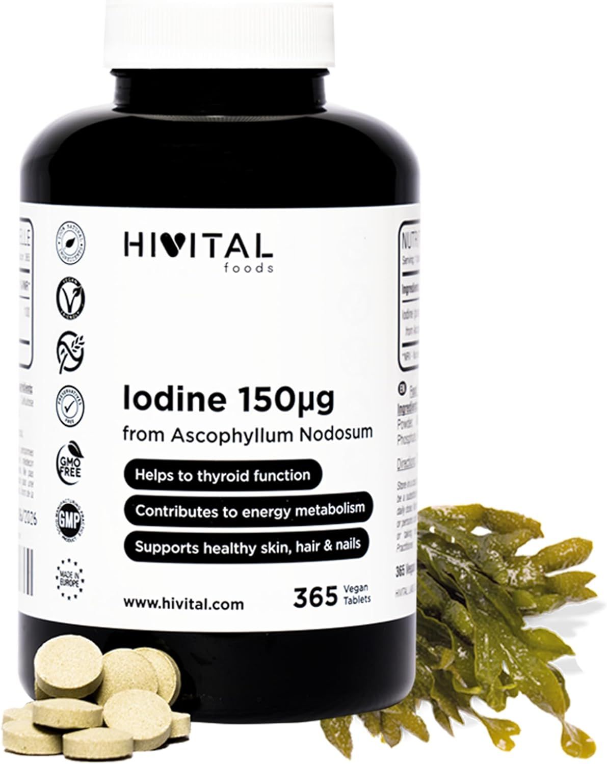 Donkere fles met tabletten en zeewier. Tekst: Hivital Foods, Iodine 150µg, ondersteunt schildklier, energie, huid, haar, nagels.