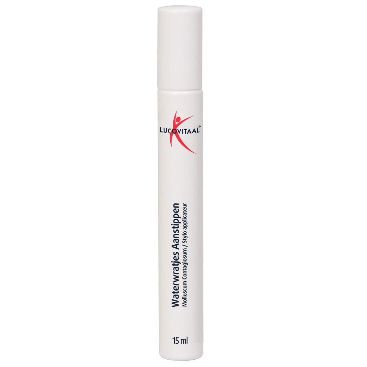 Witte pen met rood logo en productnaam. 15 ml.