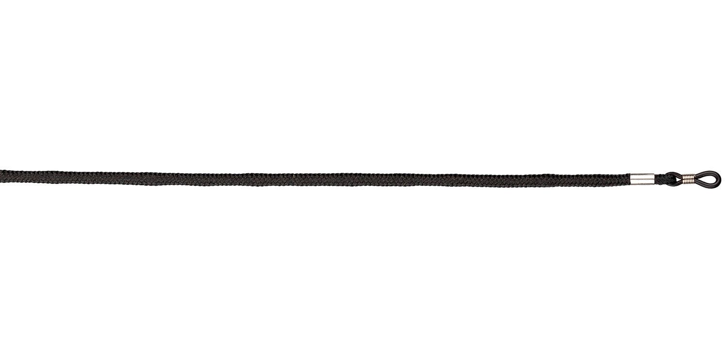 Cordon de lunettes noir. Cordon tressé avec boucle métallique pour fixation sur les branches.