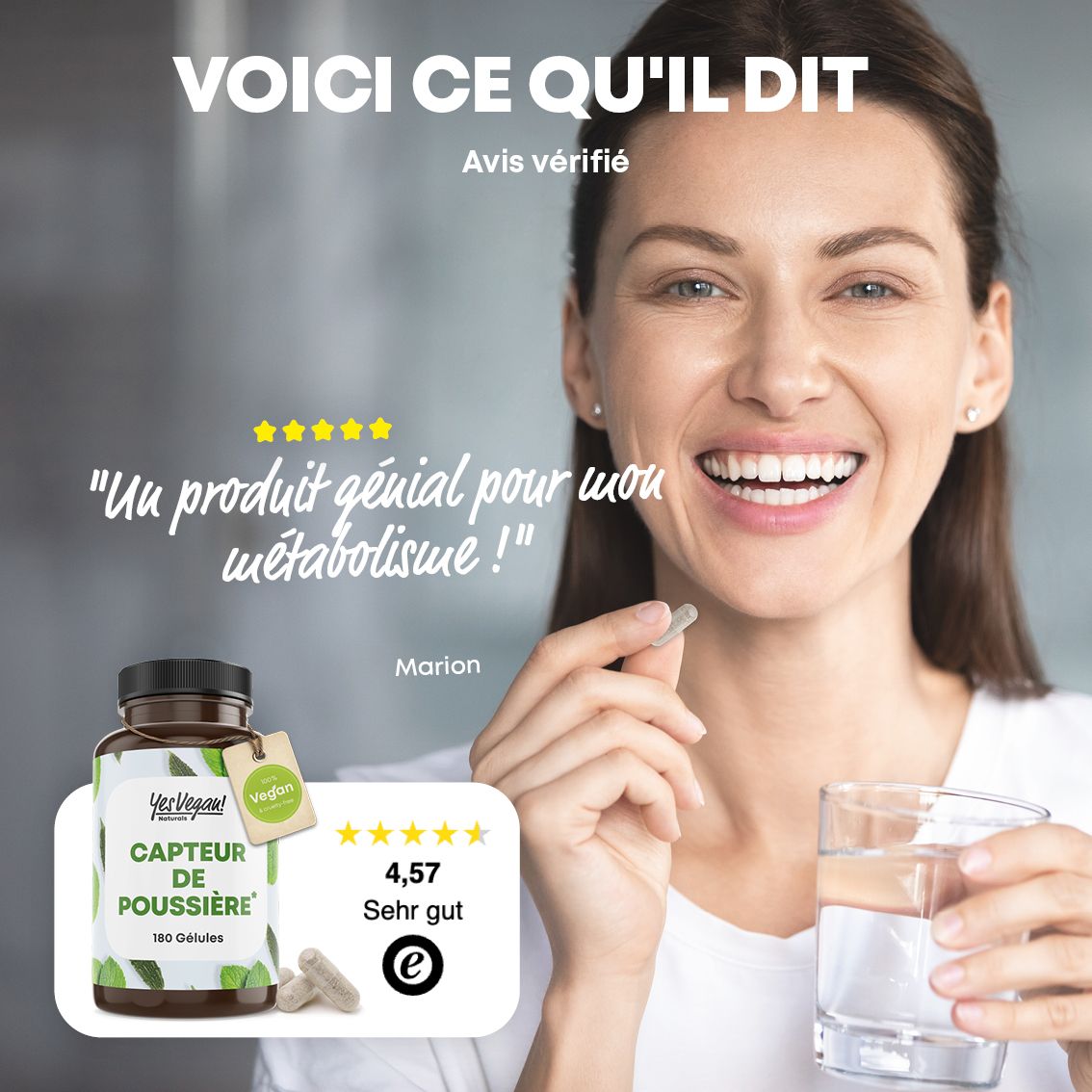 Femme tenant une gélule et un verre d'eau. Bouteille à côté. Avis vérifié.