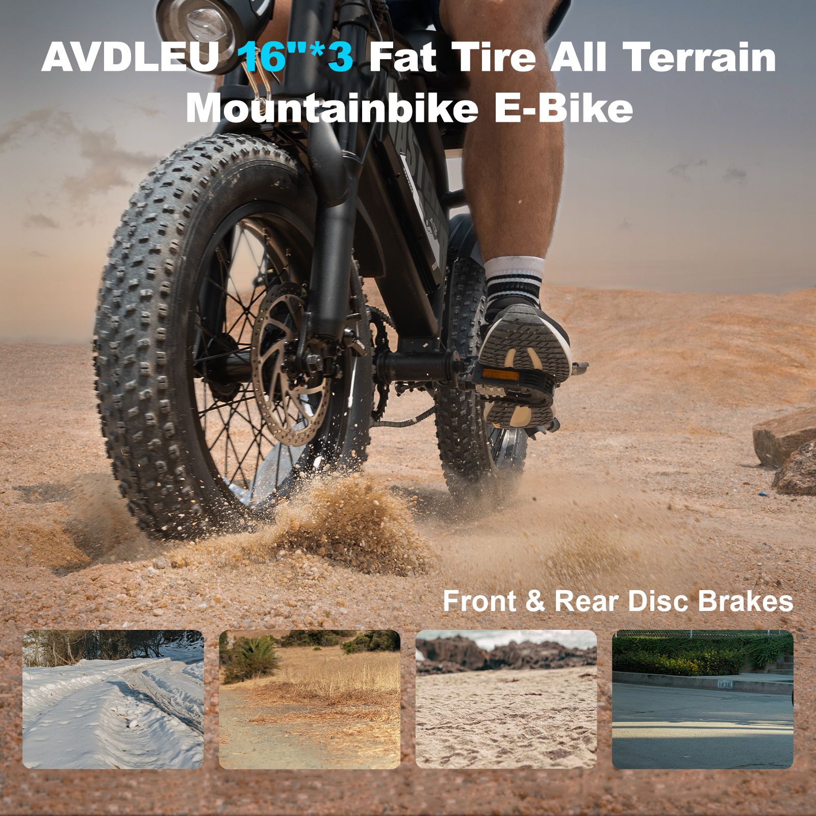 E-bike met brede banden offroad. Tekst: AVDLEU 16"*3 Fat Tire All Terrain Mountainbike E-Bike. Voor- en achter schijfremmen.