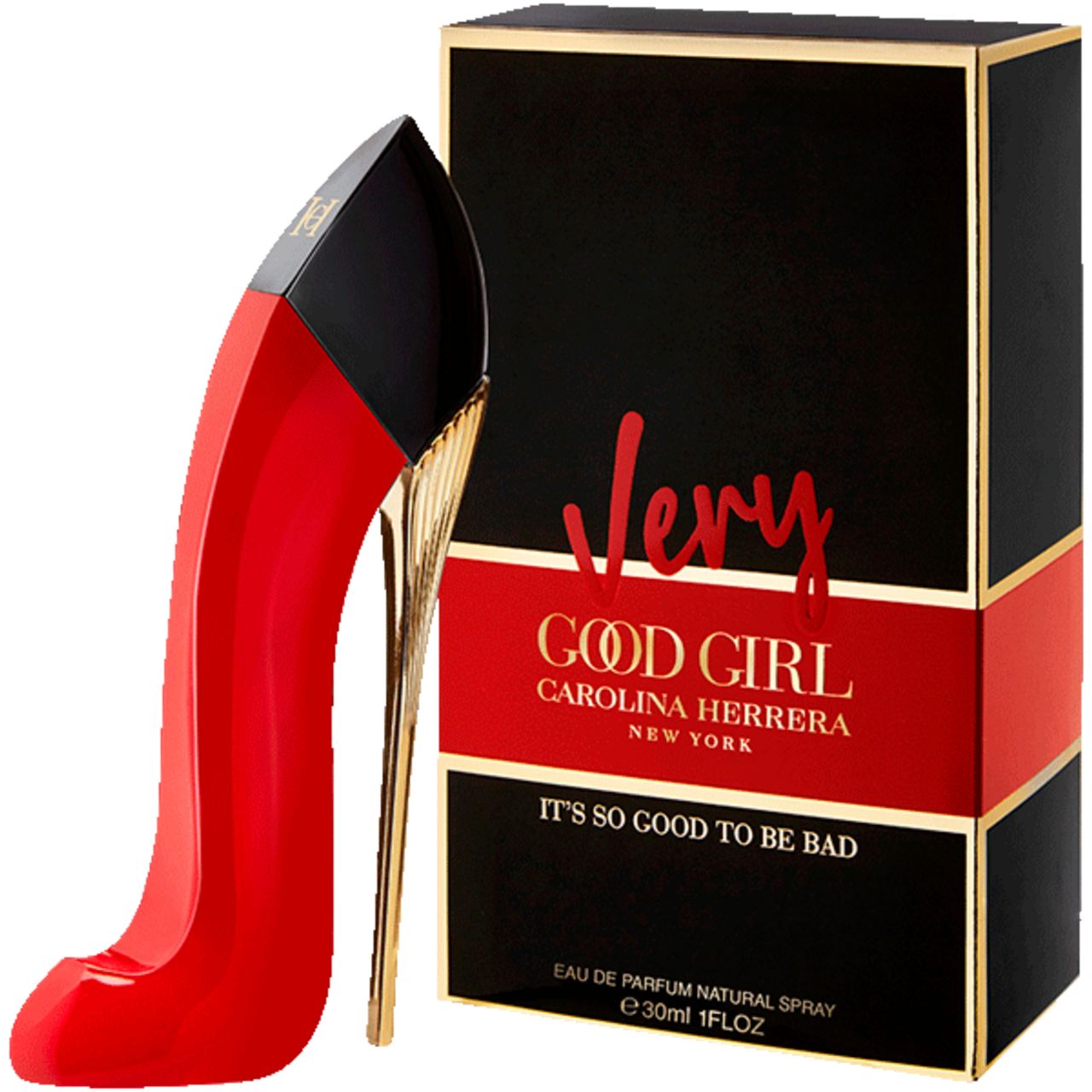 Rode damesgeur in pumps-vorm met zwarte sluiting. Zwarte verpakking met rode tekst. Tekst: Very Good Girl. Carolina Herrera.