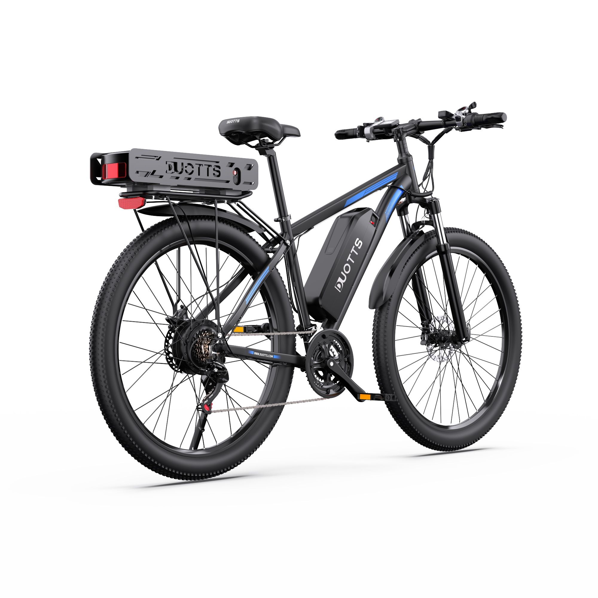 E-bike, zwart met blauwe accenten. DUOTTS-logo, dubbele batterij, Shimano 21 versnellingen. Achteraanzicht, witte achtergrond.