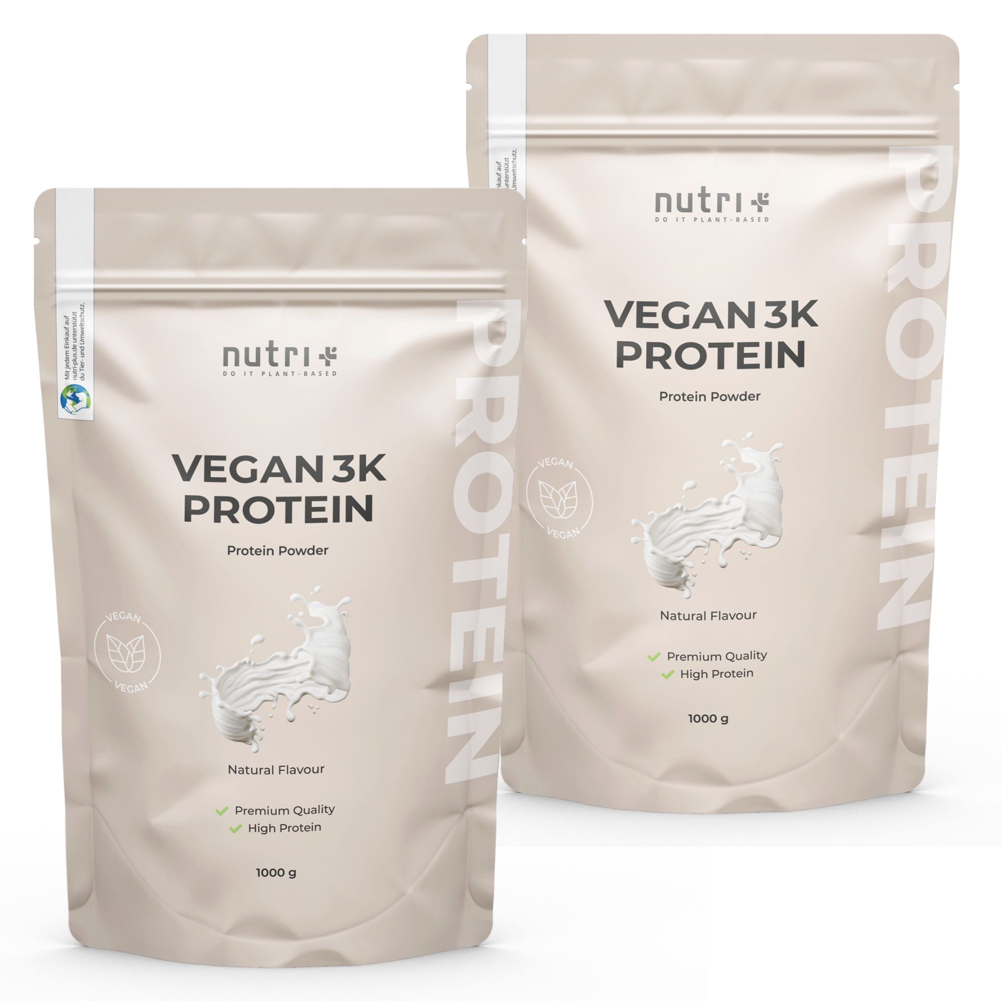 Twee zakken nutri+ Vegan 3k Protein. Opschrift: Vegan 3k Protein, Natural Flavour, Premium Quality, High Protein, 1000 g.