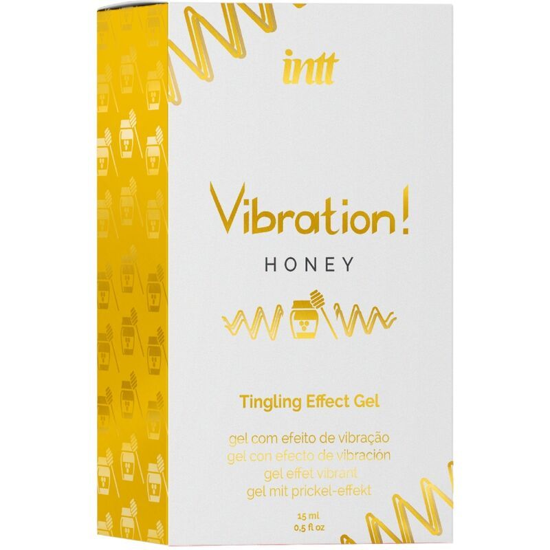 Productverpakking, wit met gouden tekst. Opschrift: Vibration! Honey, Tingling Effect Gel. 15 ml.
