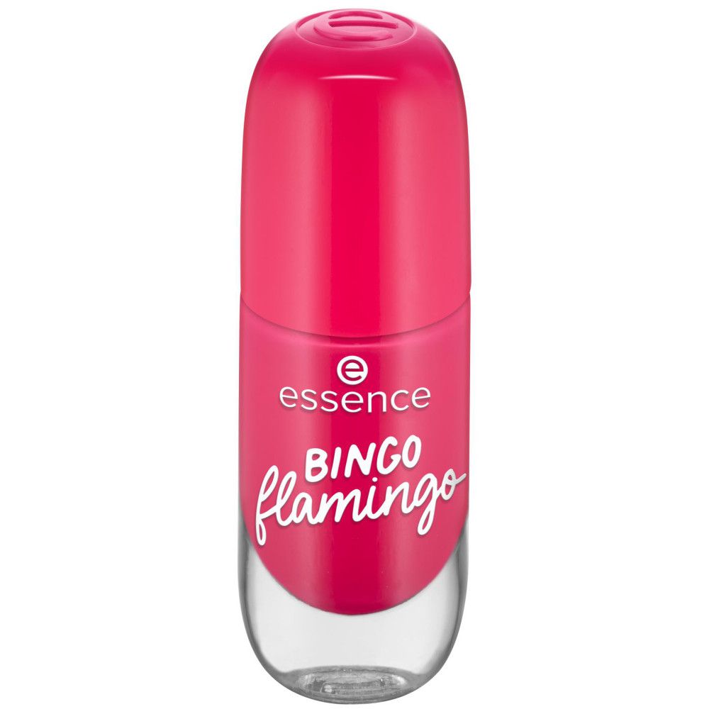 Flacon de vernis à ongles fermé. Vernis à ongles rose avec inscription "BINGO flamingo". Marque : Essence.