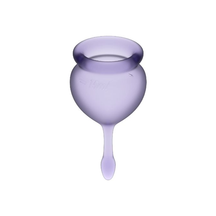 Lavendelkleurige siliconen menstruatiecup met steel.