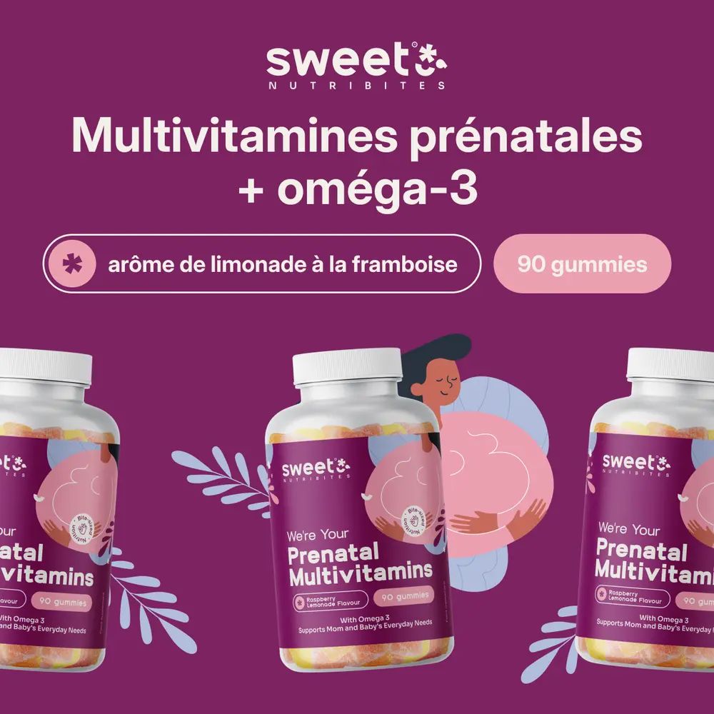 Trois flacons de multivitamines prénatales. 90 gommes. Goût limonade framboise.