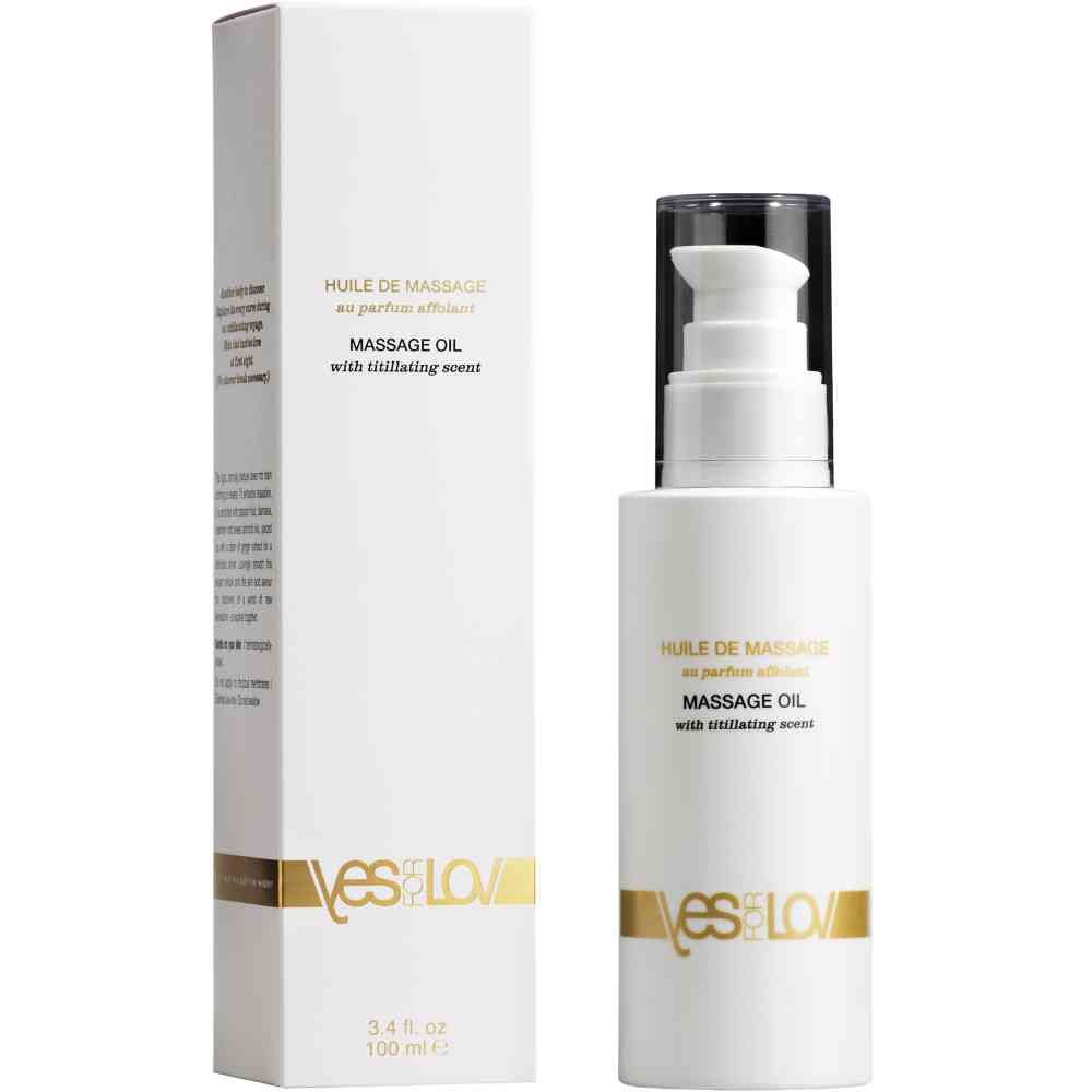 Massageolie in witte fles met pompdos en doos. Bevat titillerende werkstoffen.