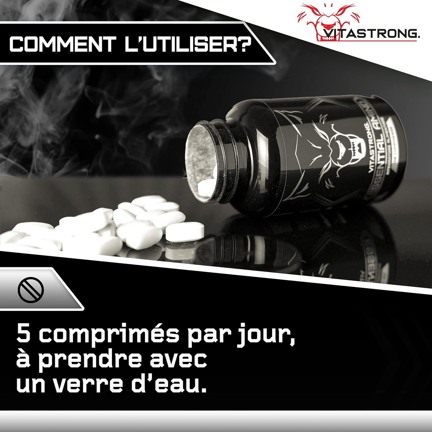 Vitastrong Essential Amino. Zwarte fles, tabletten ernaast. 5 tabletten per dag met water.