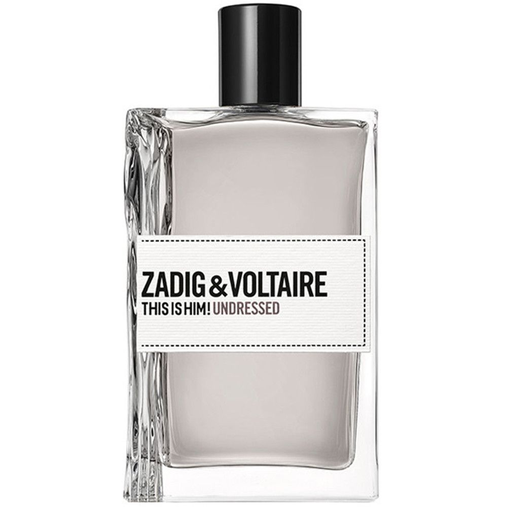 Zadig & Voltaire This Is Him! Undressed Eau de Toilette. Rechthoekige glazen fles met zwarte dop en wit etiket.