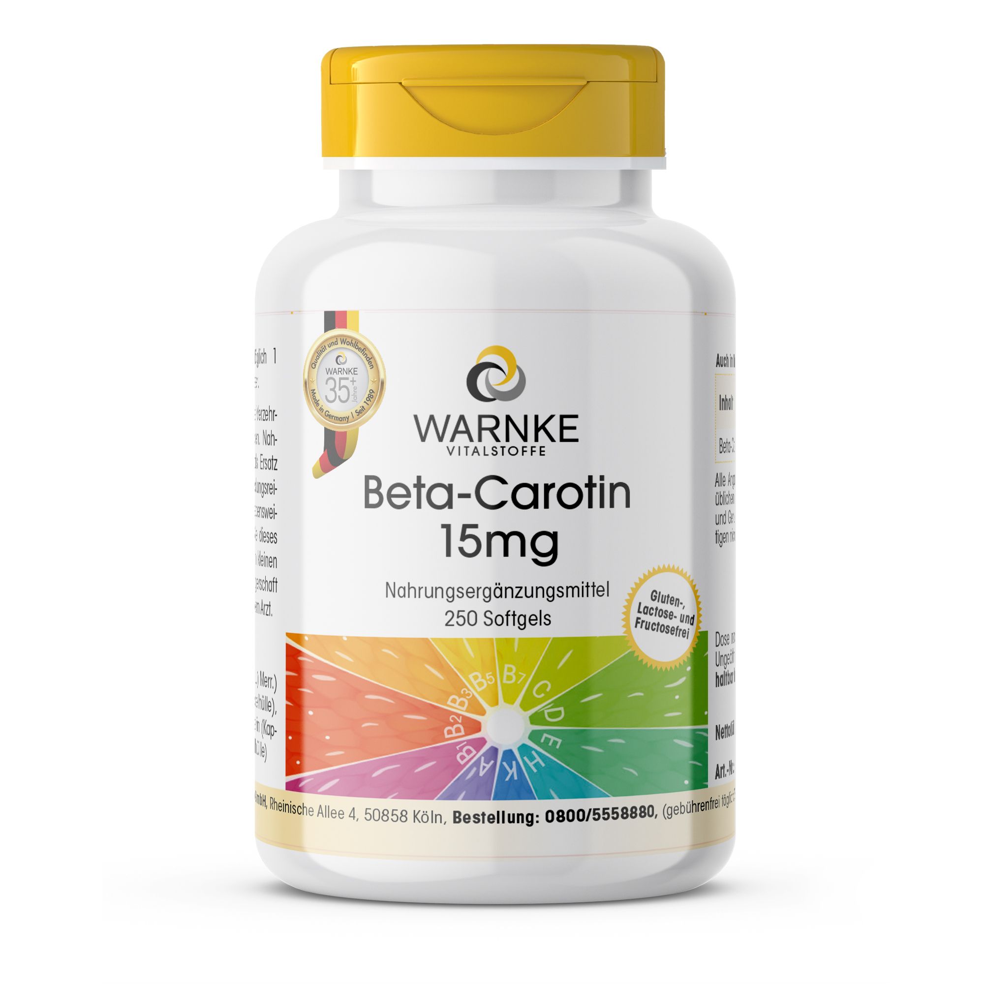 Flacon blanc de complément alimentaire avec bouchon jaune. Inscription: Beta-Carotin 15mg, 250 Softgels. Marque: WARNKE.