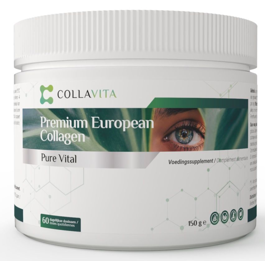 Pot blanc Collavita avec « Premium European Collagen ». Contient 150g. Impression avec un œil. Couvercle rainuré.