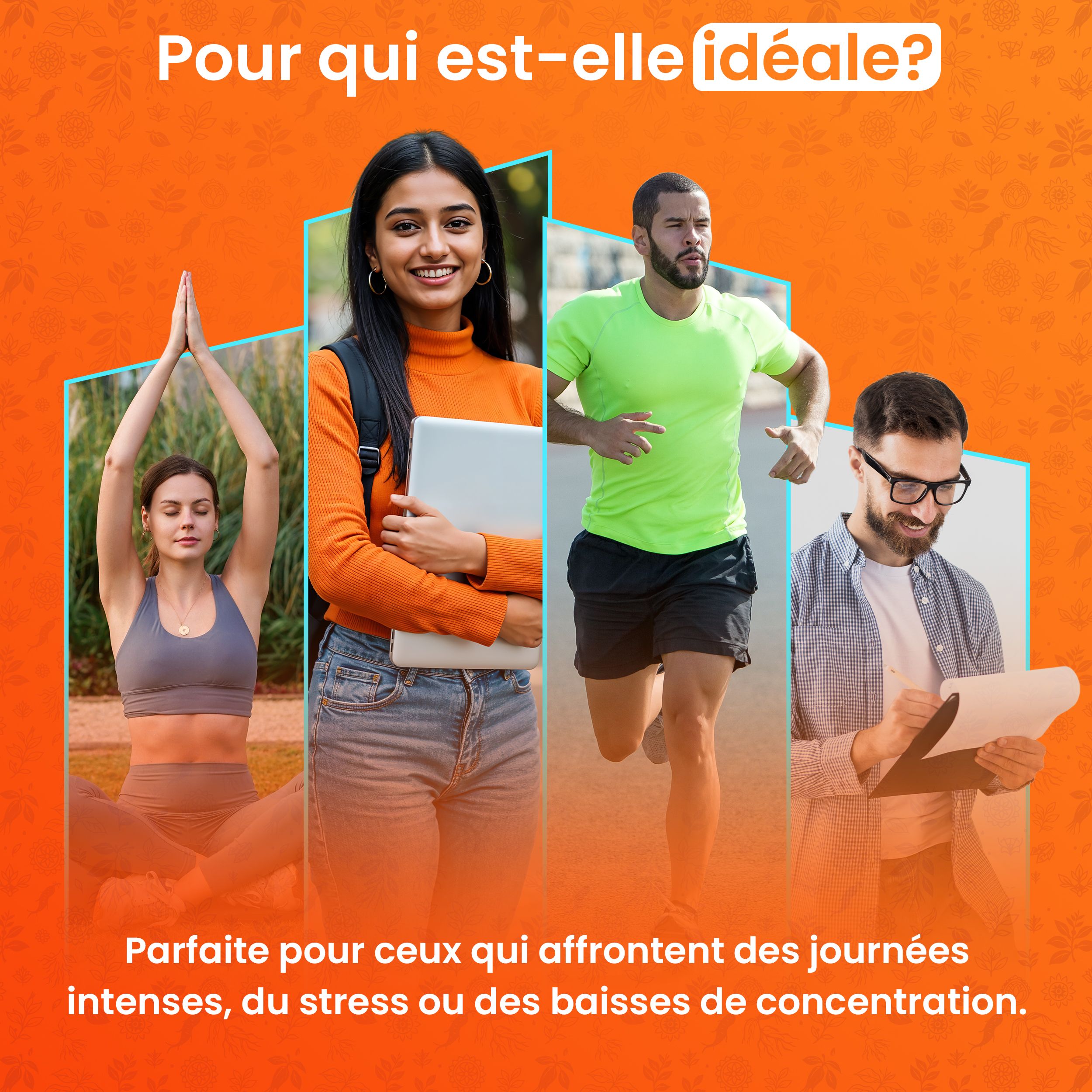 Mensen in verschillende poses. Oranje achtergrond. Tekst: Voor wie is het ideaal?