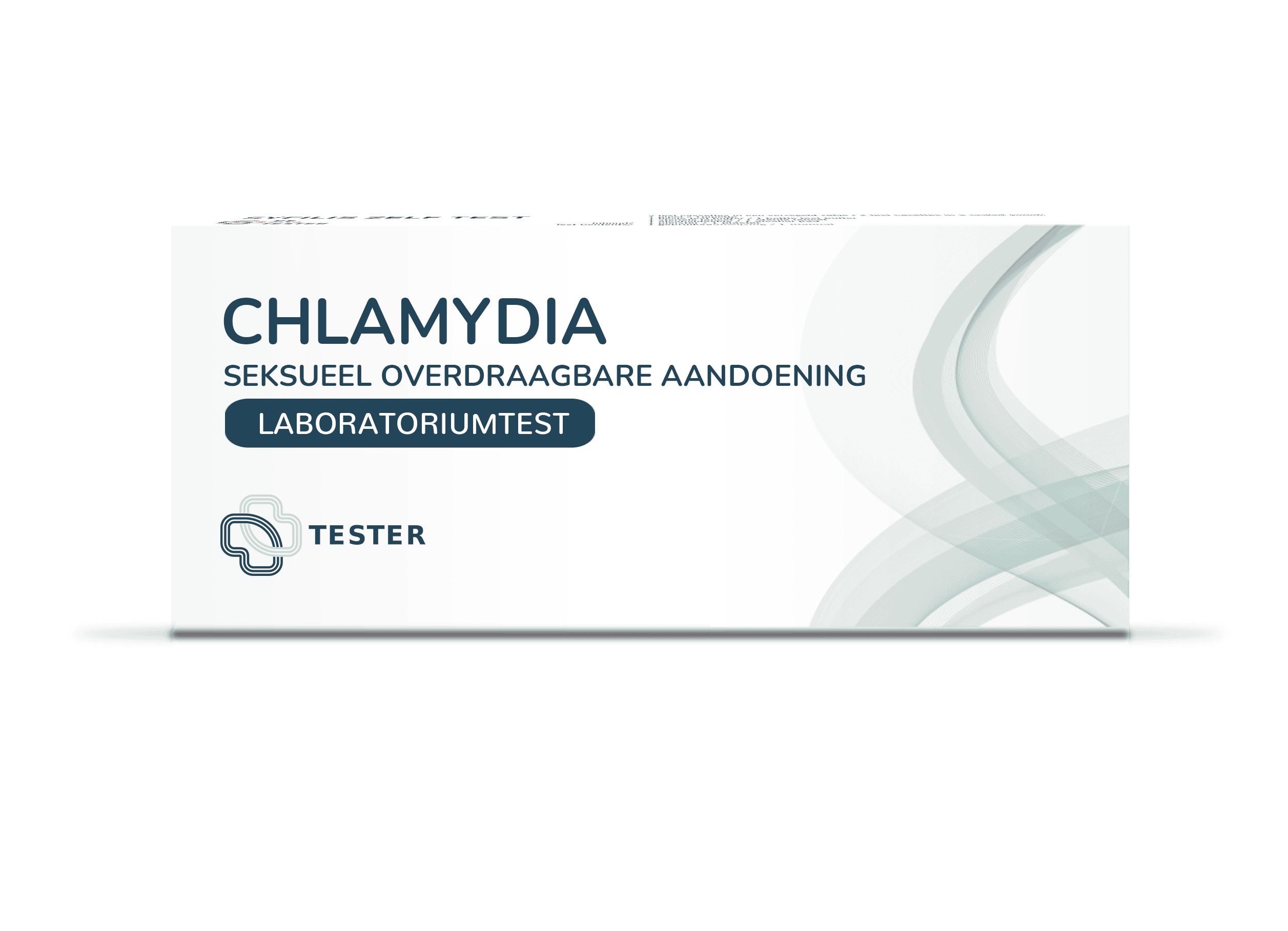Verpakking van een Chlamydia laboratoriumtest voor thuisgebruik. "Tester" logo en "Laboratoriumstest" erop.