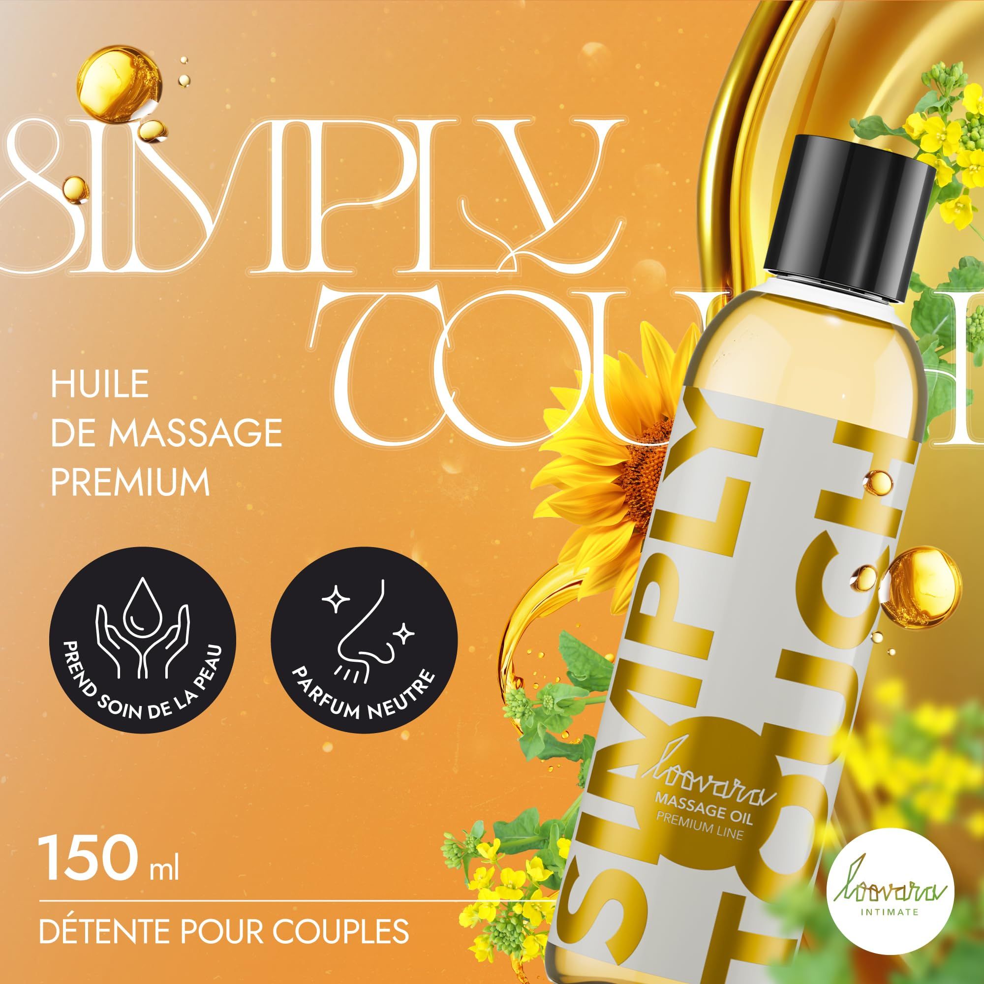 Bouteille d'huile de massage Loovara, 150 ml, avec inscription 'Simply Touch'.