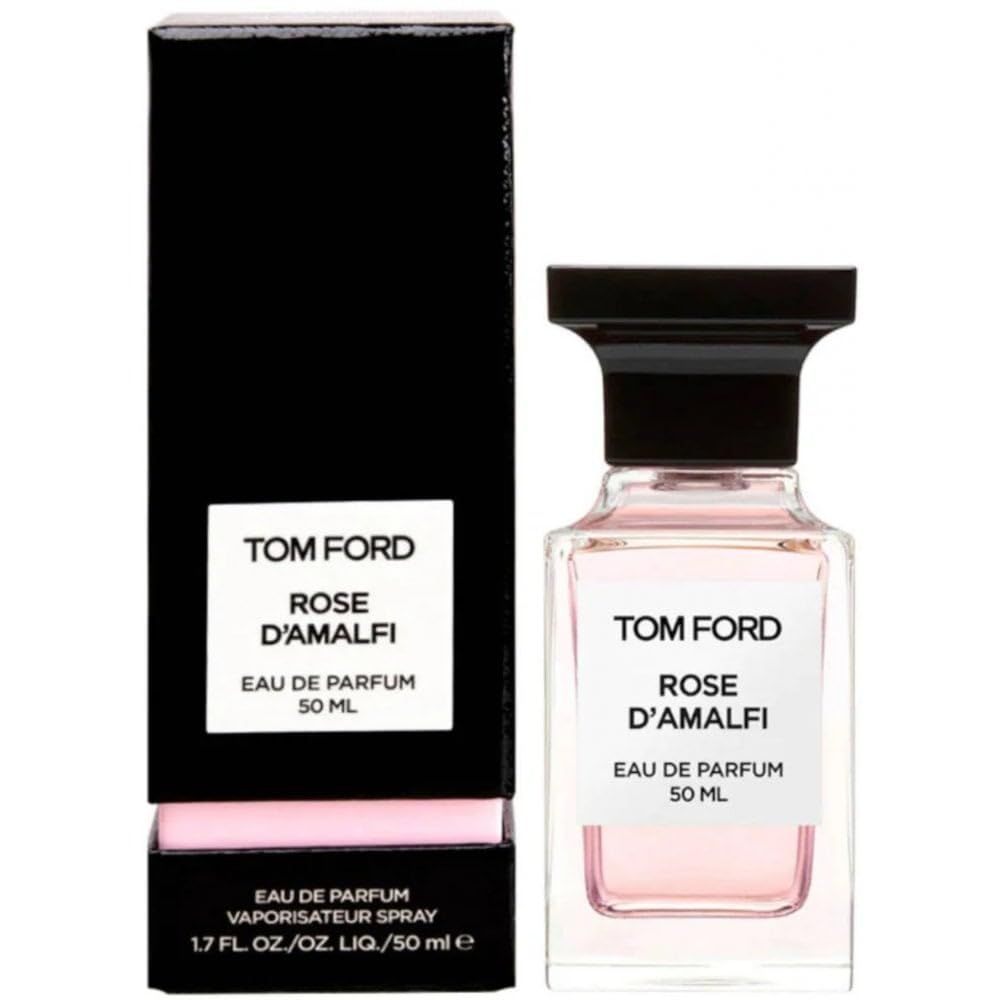 Flacon de parfum et emballage noir. Inscription : TOM FORD, ROSE D'AMALFI, Eau de Parfum, 50 ML. Flacon avec bouchon noir.