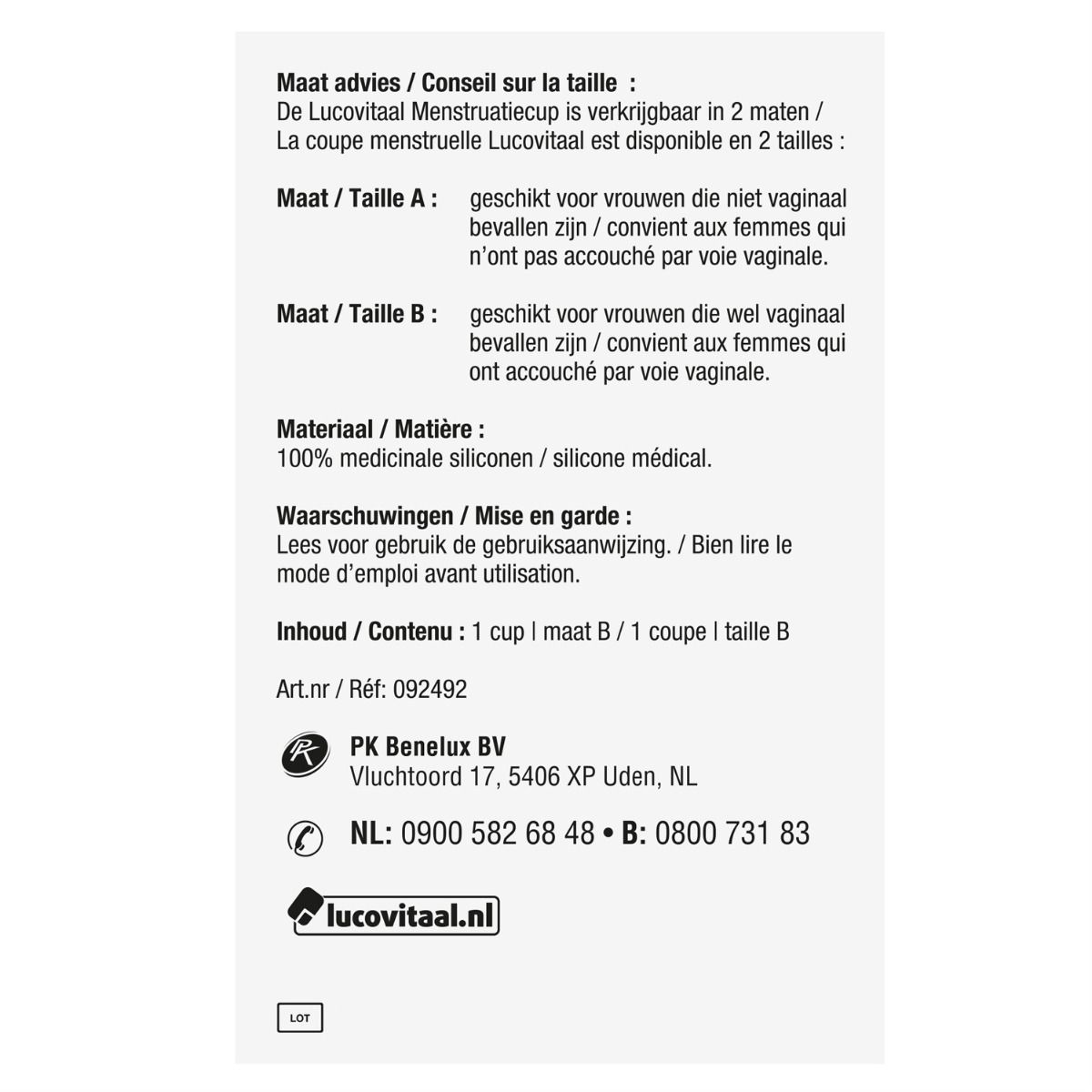 Achterkant verpakking. Informatie over maat, materiaal, inhoud en contactgegevens. Merk Lucovitaal.