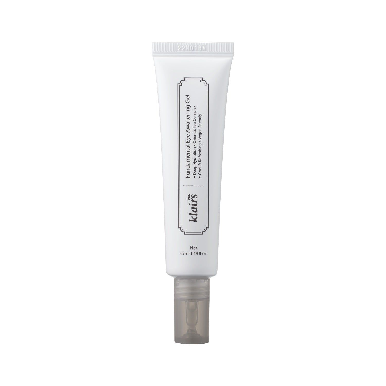 Witte tube met grijze dop. Opschrift: Fundamental Eye Awakening Gel, klairs. 15 ml.