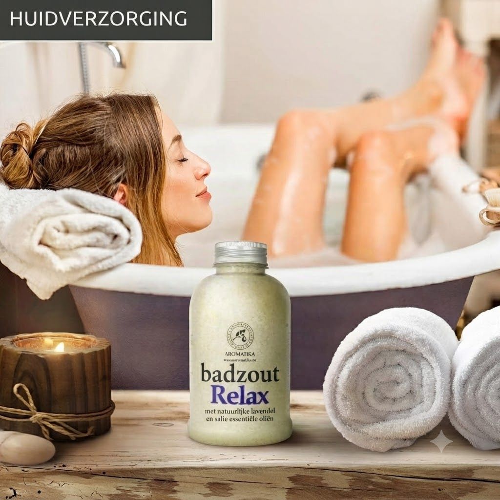 Fles badzout 'Relax' met lavendel en essentiële oliën.