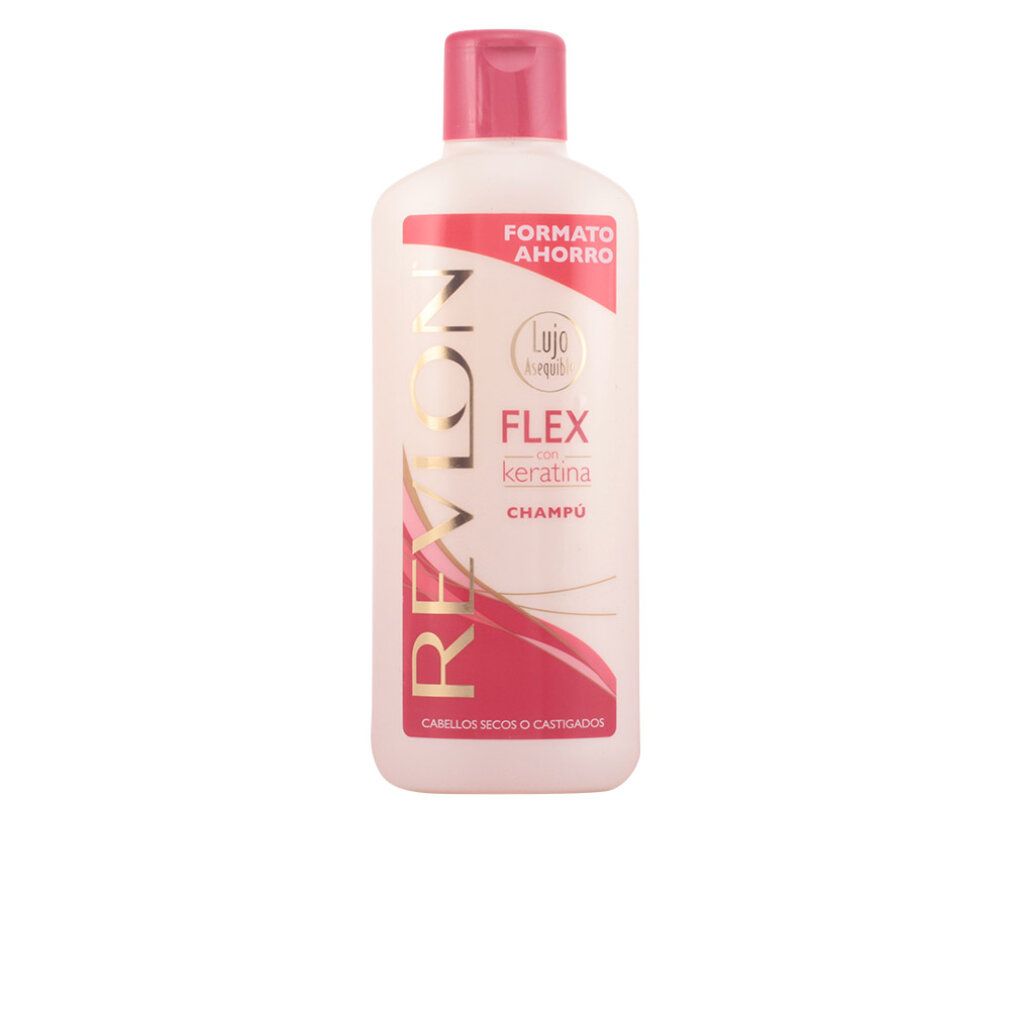 Bouteille de shampoing Revlon Flex Kératine, bouchon et étiquette roses.