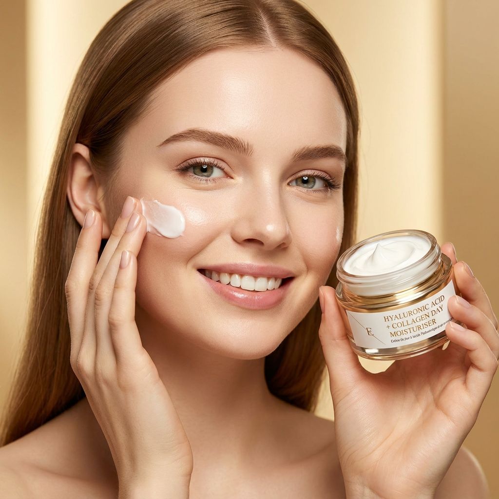 Femme appliquant la crème de jour Acide Hyaluronique & Collagène, tenant le pot en verre.