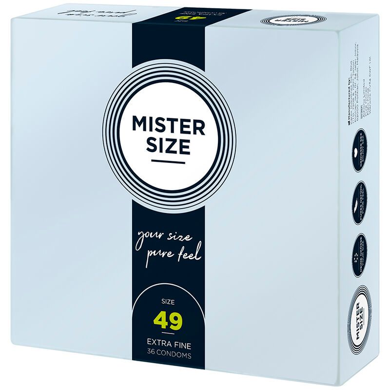 Pack de préservatifs MISTER SIZE 49, 36 unités, Pure Feel, emballage bleu clair.