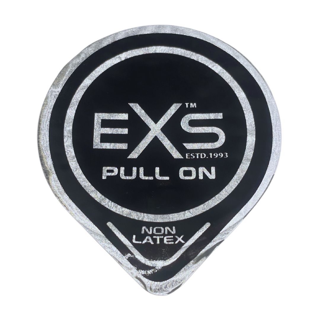Ronde, zwarte verpakking met EXS logo en tekst PULL ON NON LATEX. Zilverkleurige rand.
