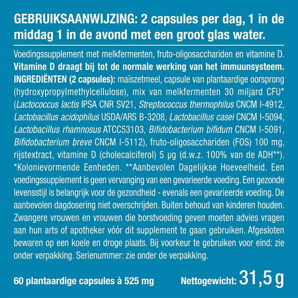 Instructies: 2 capsules per dag met water. Ingrediënten, waarschuwingen, 60 capsules, nettogewicht 31,5g.