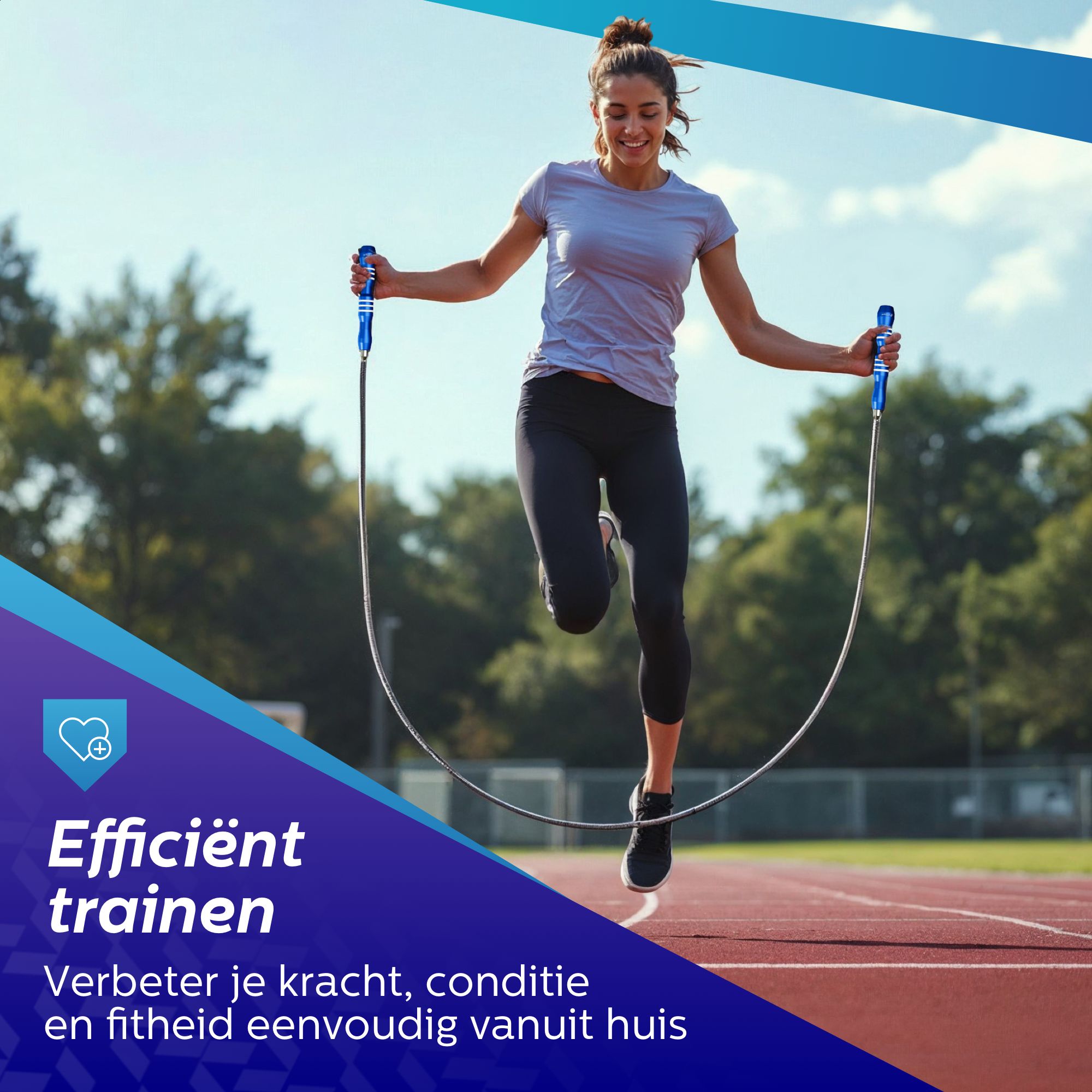 Une femme saute à la corde bleue sur une piste d'athlétisme. Texte: Entraînement efficace.