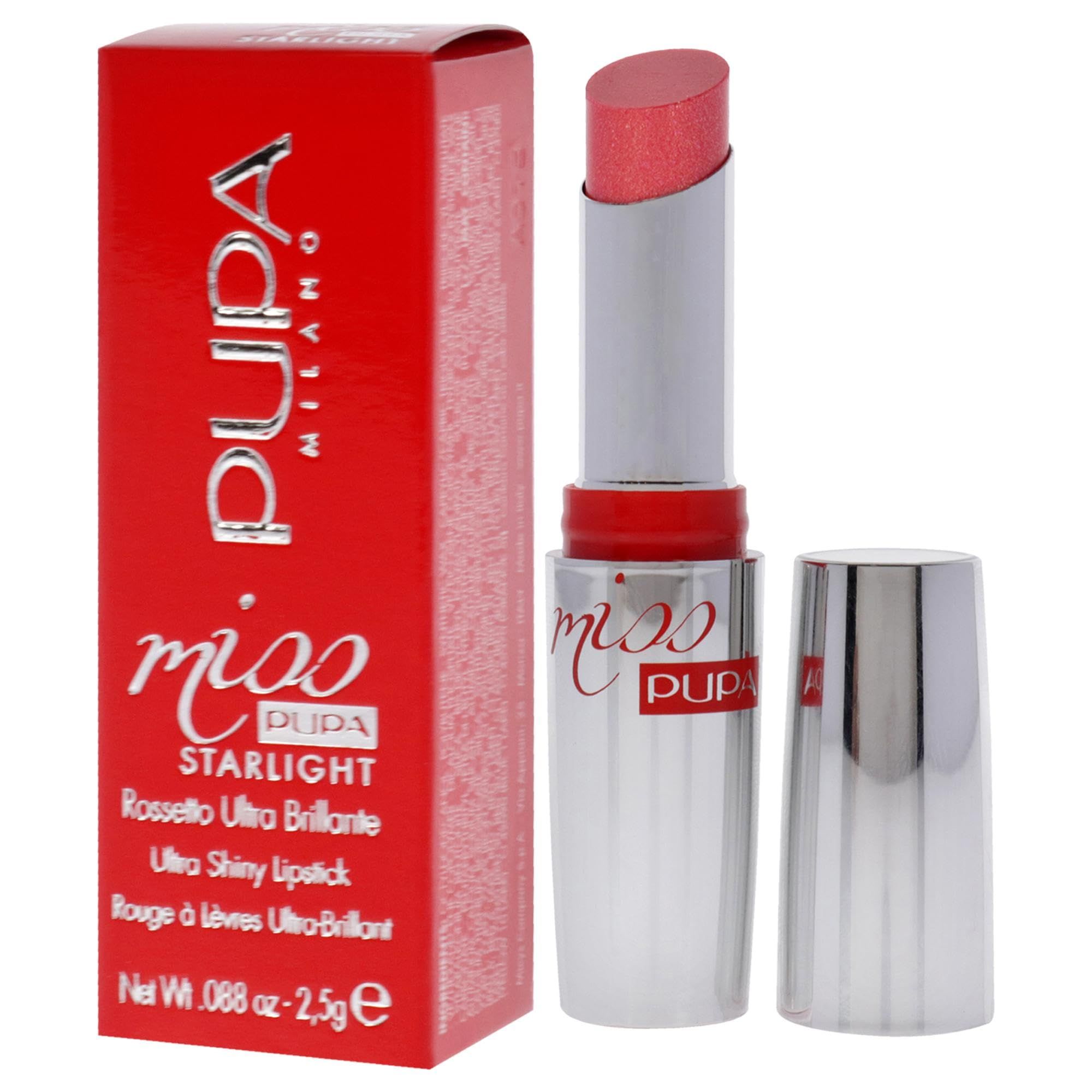 Pupa Miss Pupa Starlight Lipstick, een glanzende roze lipstick in zilveren huls naast rode verpakking.