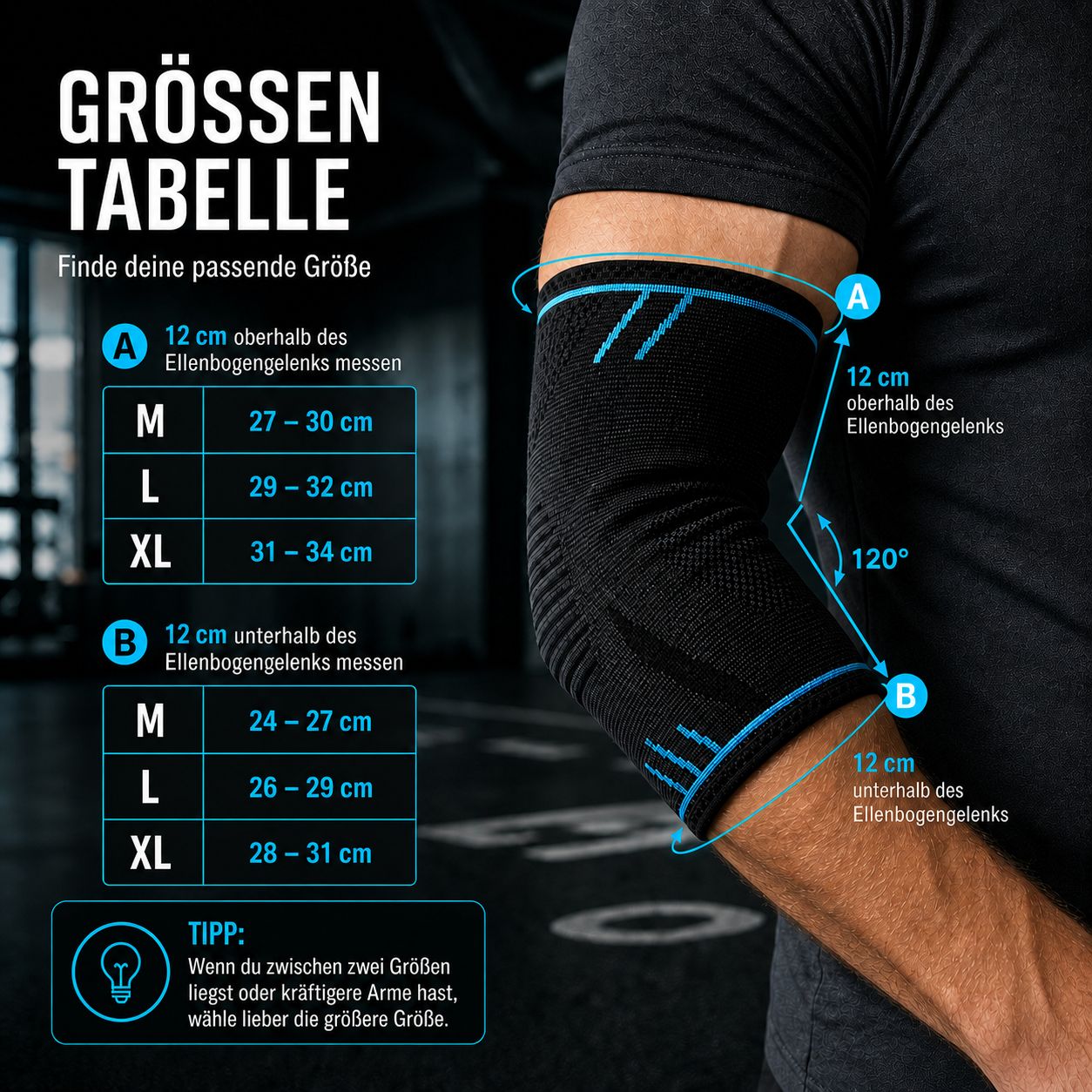 Tableau des tailles pour coudière. Mesures en cm. Tailles : M, L, XL. Illustration d'un bras avec bandage.