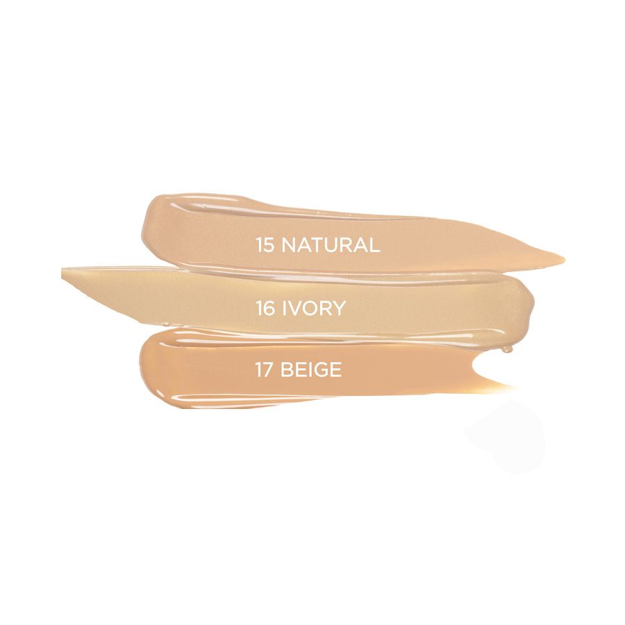 Échantillons de couleurs du correcteur Ga-De. Trois teintes: 15 Natural, 16 Ivory, 17 Beige. Noms des couleurs écrits.