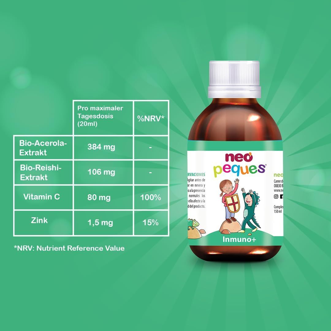 Flacon de sirop Neo Peques Inmuno+. Tableau nutritionnel : extrait d'acérola bio, extrait de reishi bio, vitamine C, zinc. %VNR.
