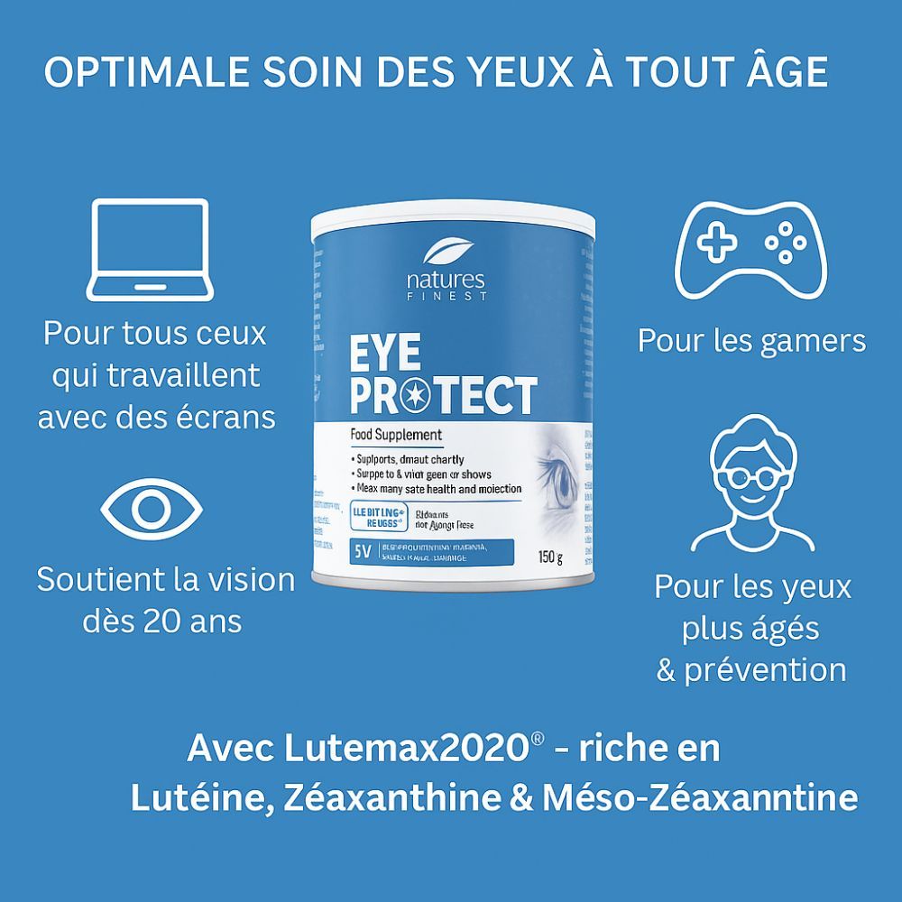 Fond bleu avec boîte de produit. Texte: Soin optimal des yeux à tout âge. Icônes: Ordinateur portable, console de jeu, personne âgée, œil.
