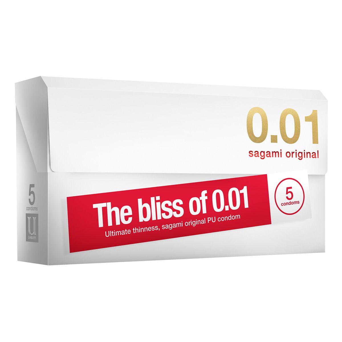 Witte verpakking met rode strook. Opschrift: 0.01 sagami original, The bliss of 0.01, 5 condooms.