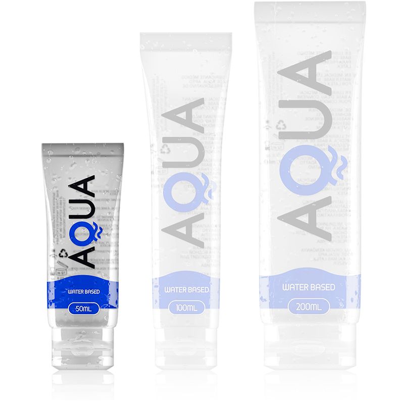Drie AQUA glijmiddel tubes in de maten 50ml, 100ml en 200ml.