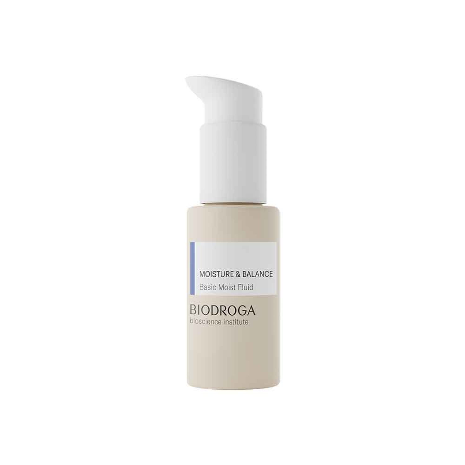 Beige fles met witte pomp. Etiket met "Moisture & Balance" en "BIODROGA". 