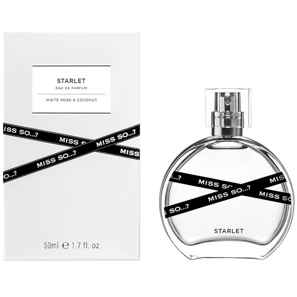 Boîte blanche et flacon rond transparent. Flacon avec vaporisateur argenté. Ruban noir avec inscription "MISS SO...?". Inscription "STARLET".