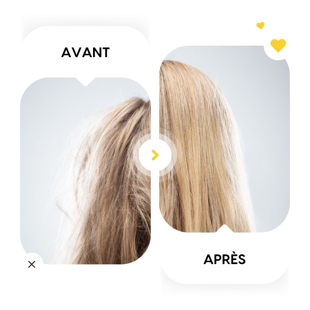 Comparaison avant-après. Cheveux blonds, non soignés à gauche, soignés à droite. Texte dans des bulles.