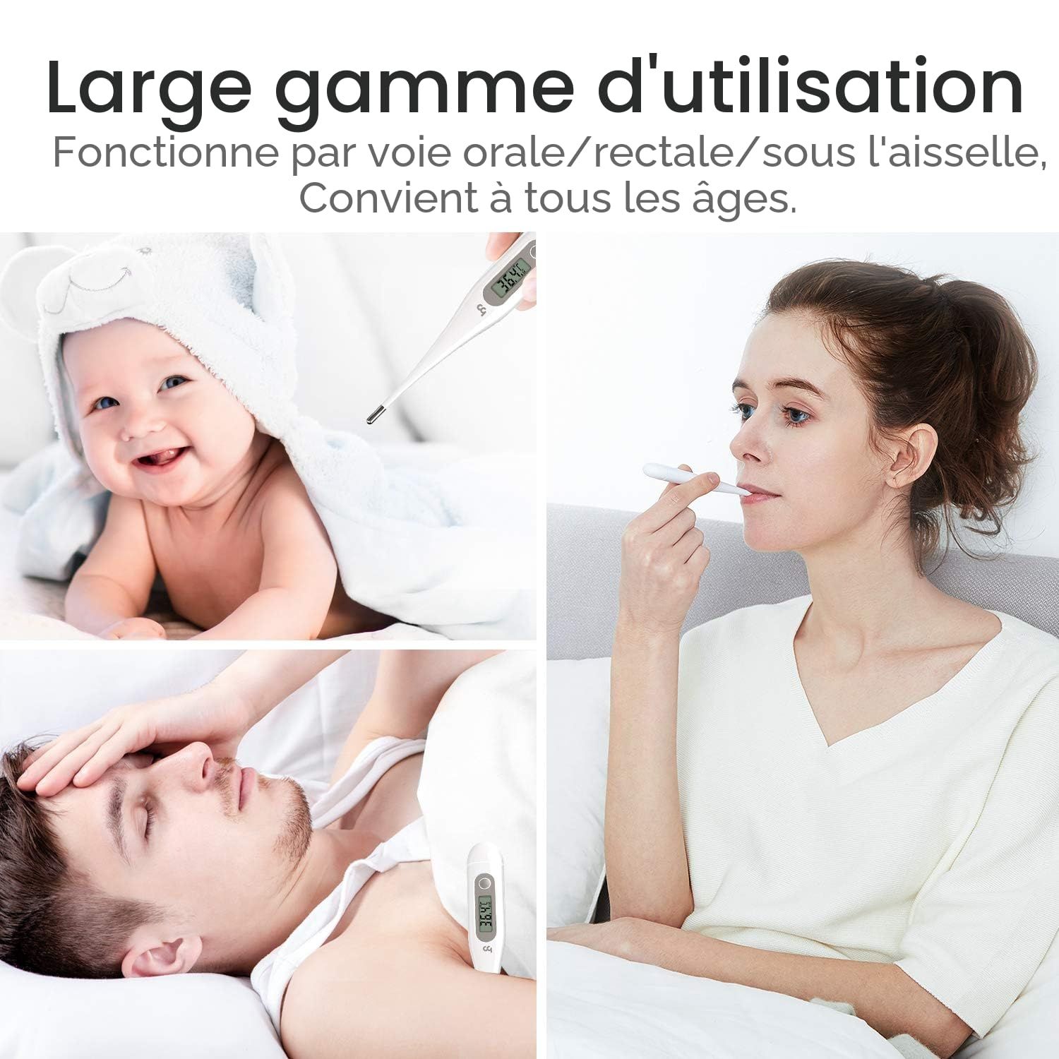 Des thermomètres numériques sont utilisés sur un bébé, une femme et un homme malade.