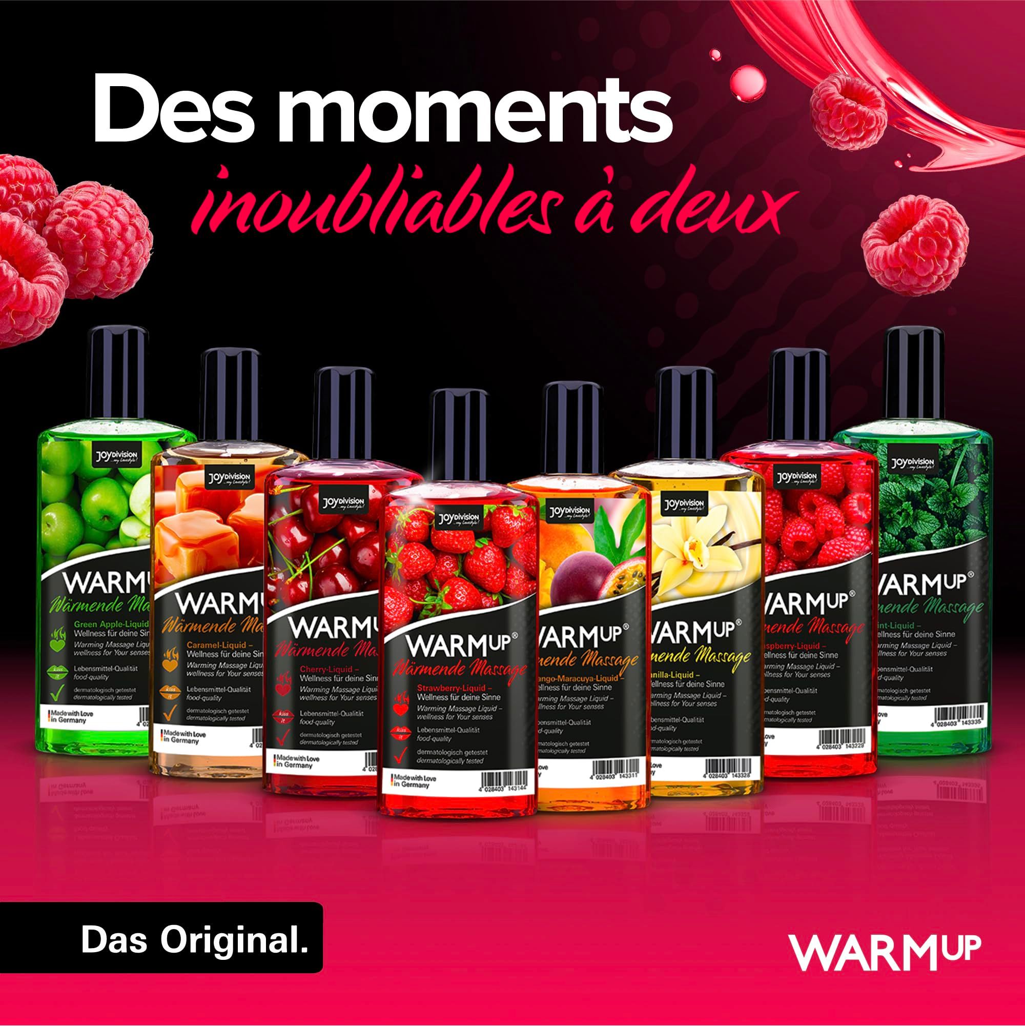 Gamme de produits d'huiles de massage Joydivision, bouteilles avec fruits.
