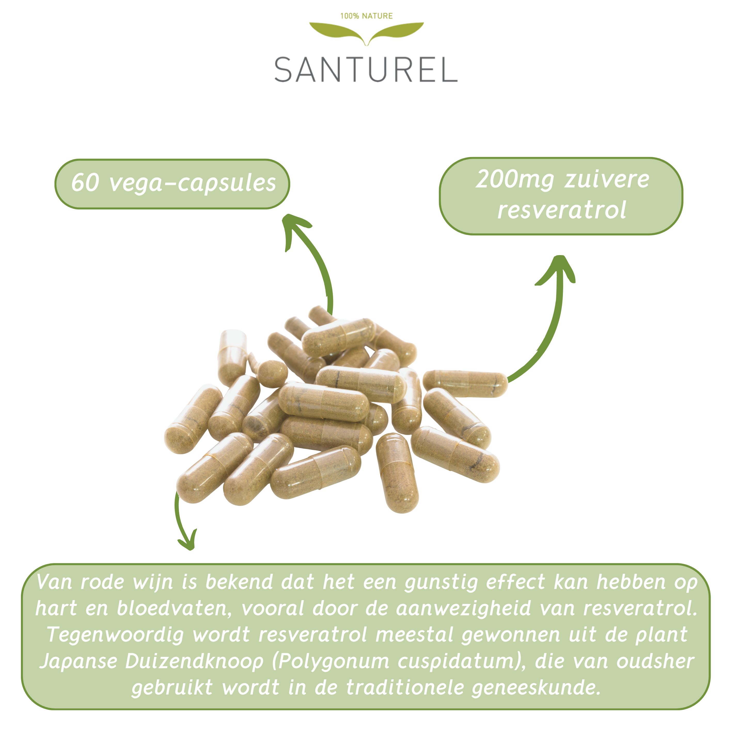 Capsules van Santurel Resvératrol Forte 200. Opschriften: 60 vega-capsules, 200mg zuiver resveratrol. Tekst over werking.