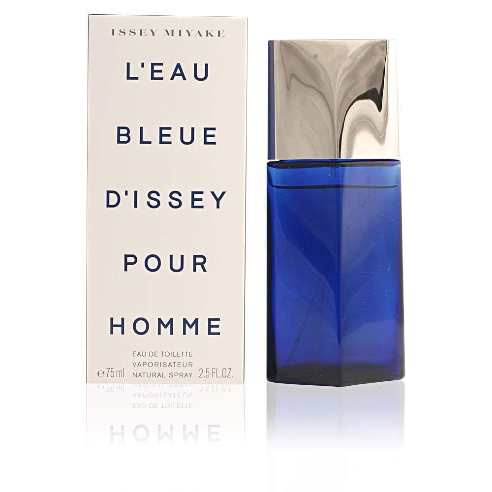 Blauwe parfumfles en verpakking. Opschrift: L'Eau Bleue d'Issey Pour Homme. Fles naast verpakking.