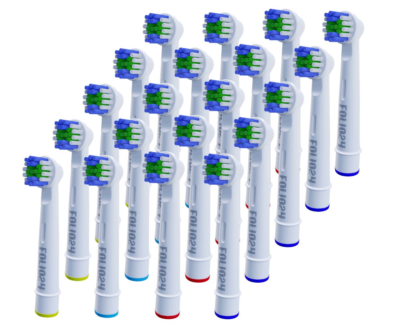 Meerdere tandenborstelkoppen. Witte stelen met gekleurde ringen. Koppen met blauwe, groene en witte borstelharen.