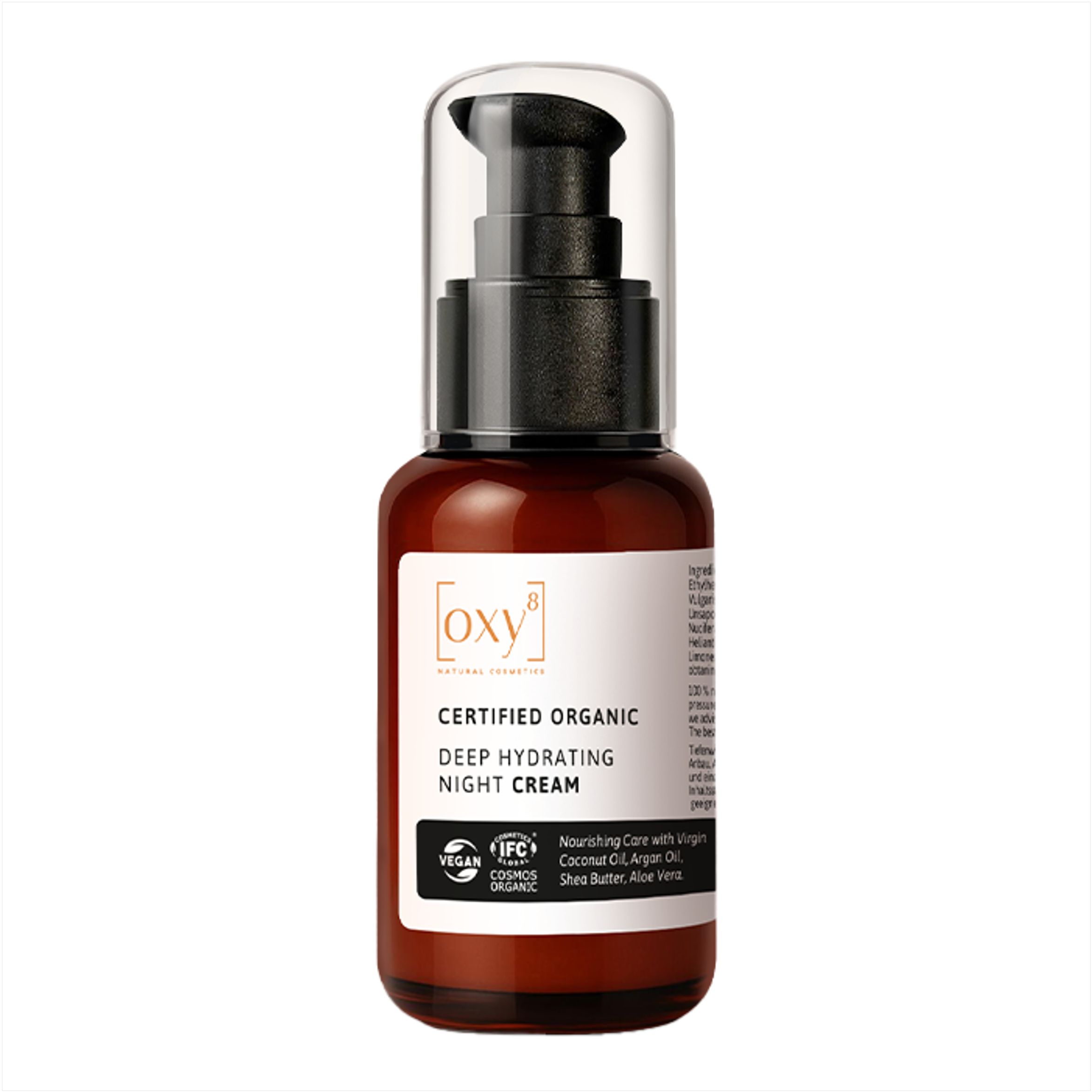 Flacon brun avec pompe. Inscription: OXY8, Deep Hydrating Night Cream. Produit bio certifié.