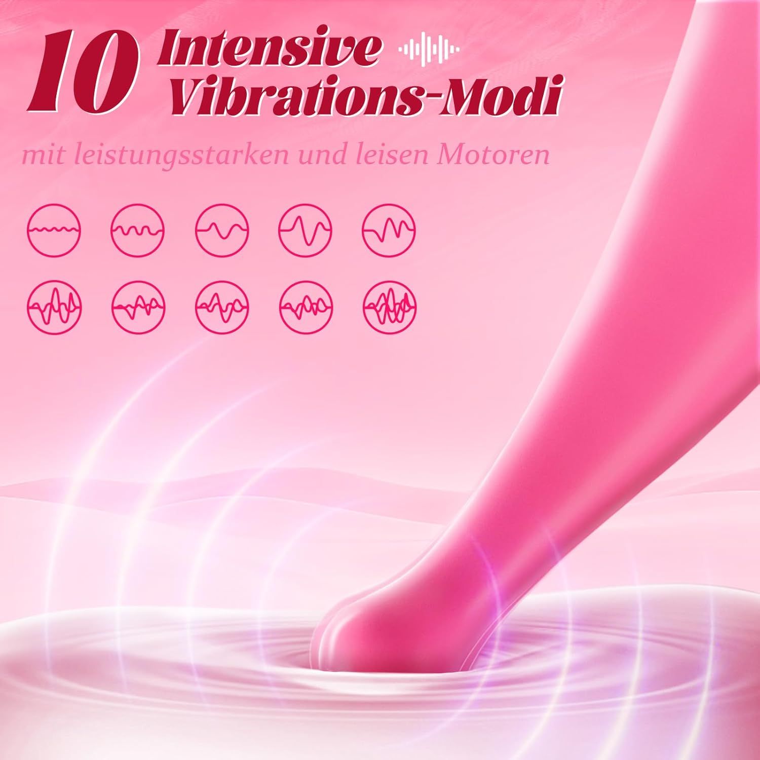 Gros plan du vibrateur rose avec 10 modes de vibration, représentés par des symboles d'onde.