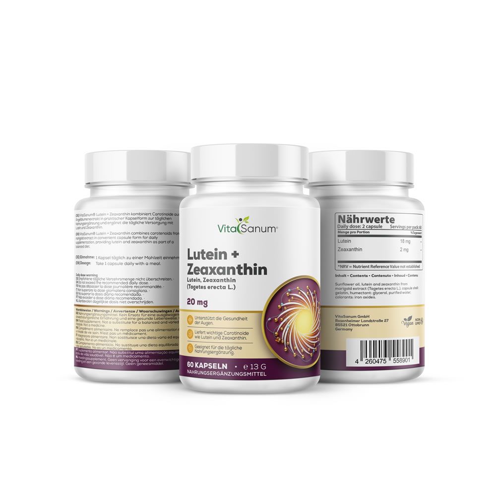 Drie flessen VitaSanum®-Lutein + Zeaxanthine. Opschrift: Lutein + Zeaxanthine, 20 mg, 60 capsules. Paars-gouden etiket.