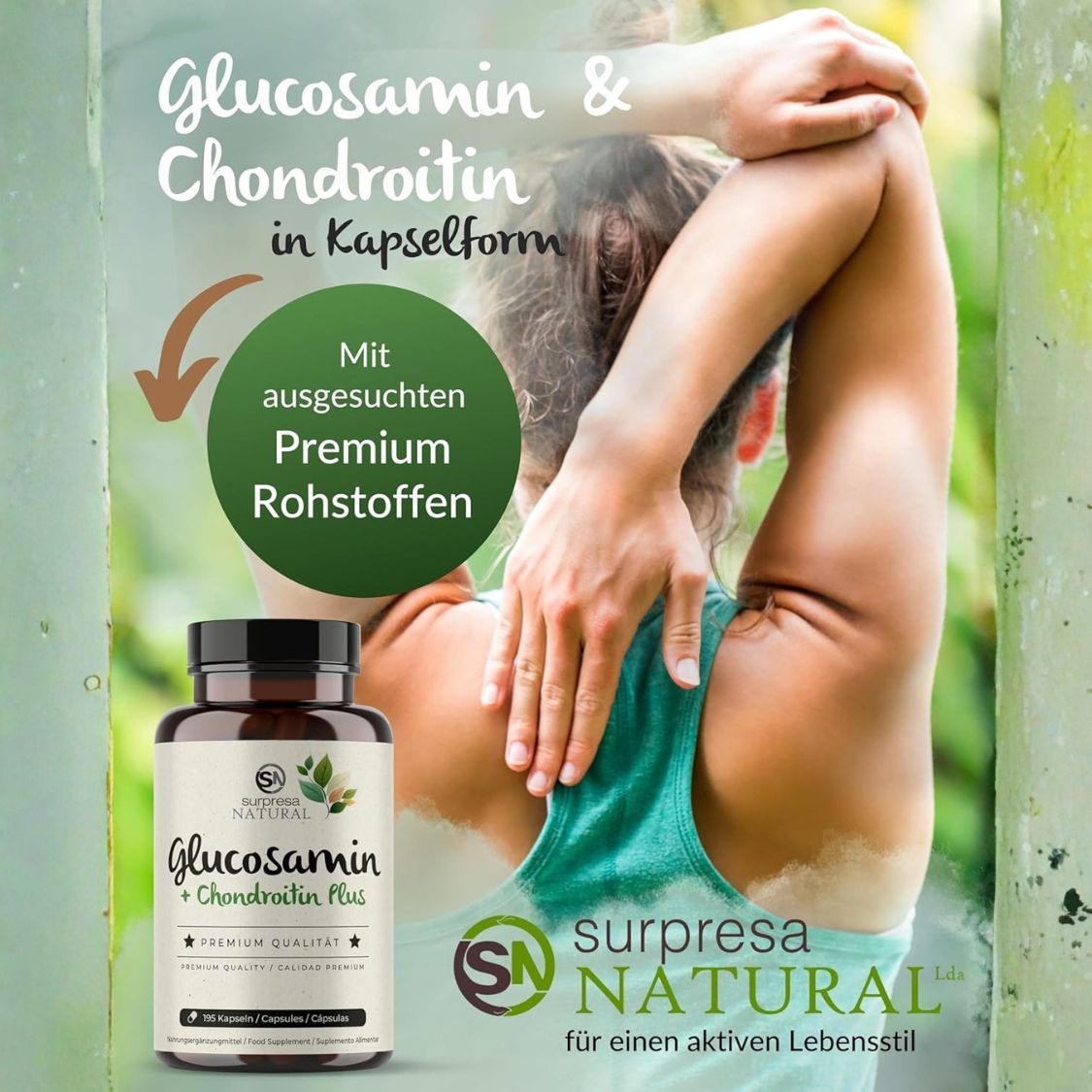 Fles Surpresa Natural Glucosamin + Chondroitin Plus naast een persoon die haar arm strekt.