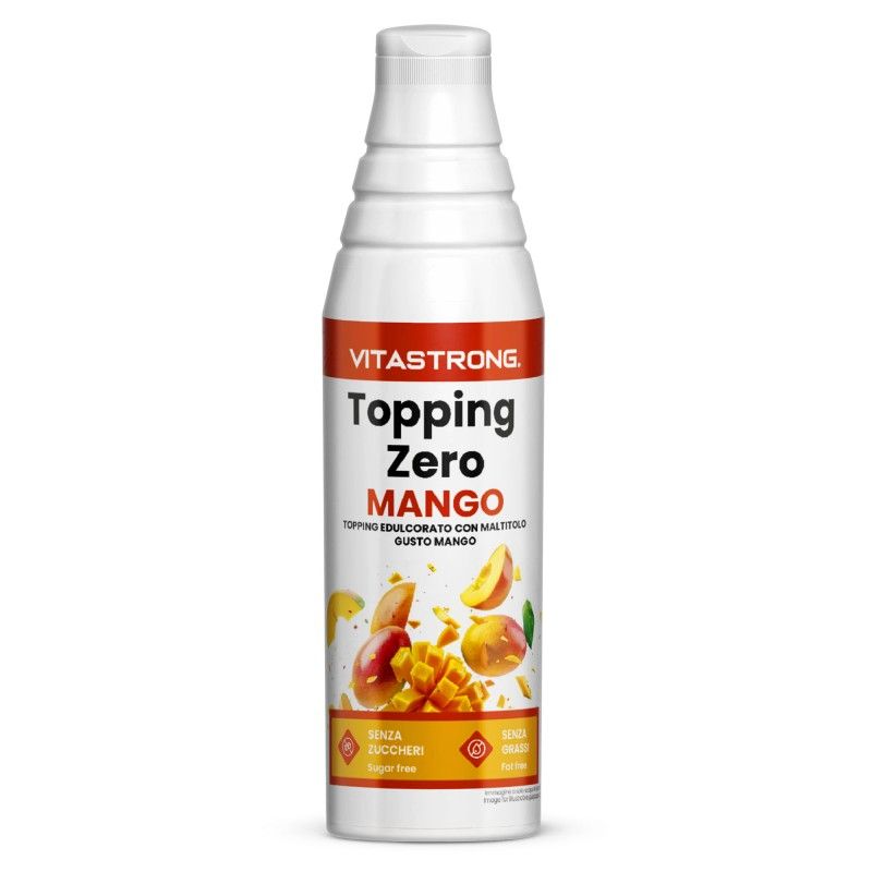 Vitastrong Topping Zero Mango. Witte fles met productlabel en illustratie van mango's.